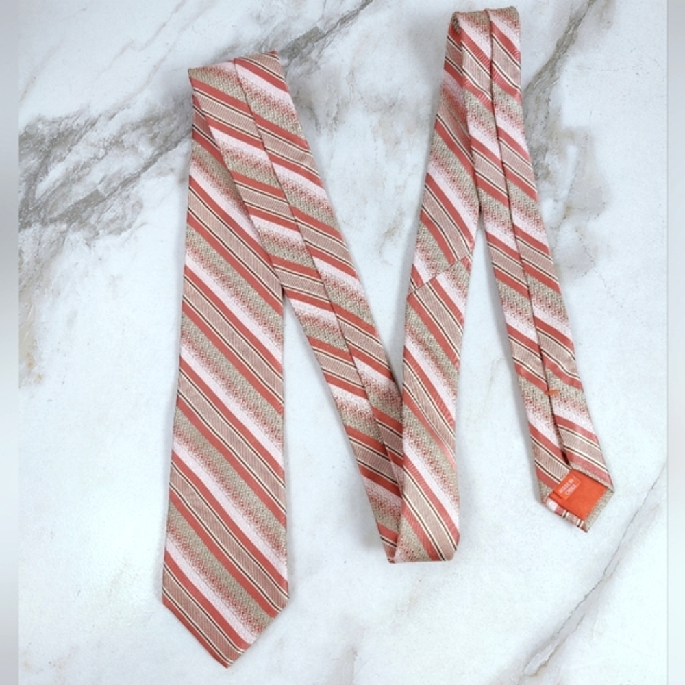 TALLIA Men's 100% Silk Orange Diagonal Striped 3" Tie